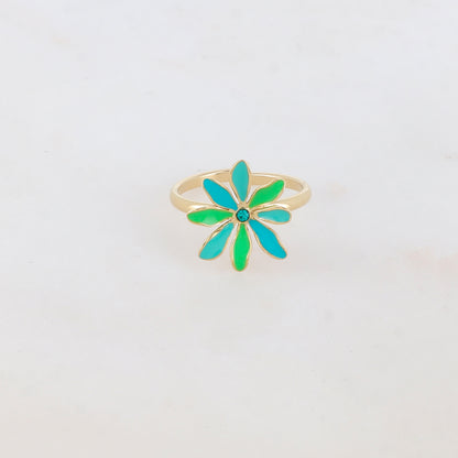 Bague fine avec fleur et strass - Turquoise