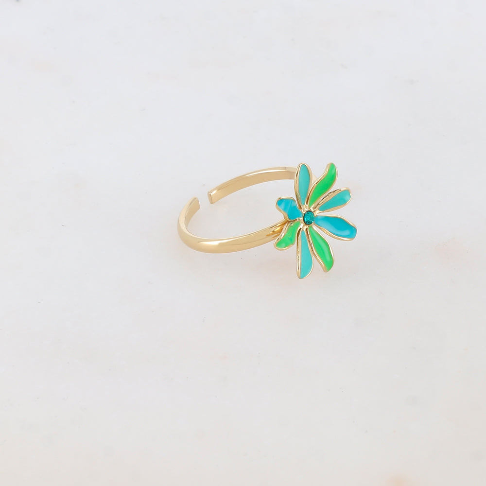 Bague fine avec fleur et strass - Turquoise
