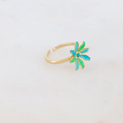 Bague fine avec fleur et strass - Turquoise