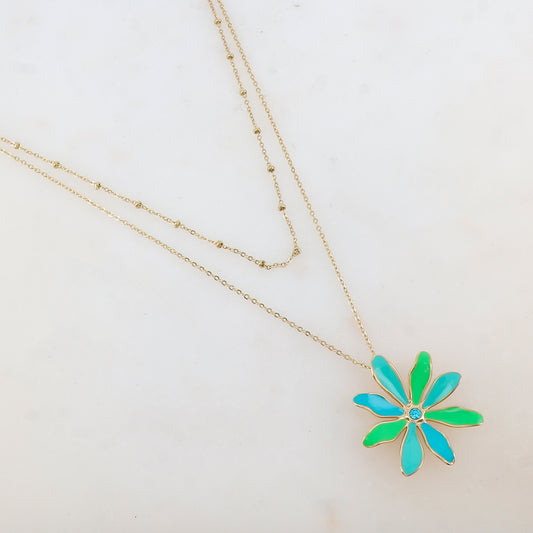 Collier 2 rangs avec pendentif fleur émaillée et strass (39/44+7CM)