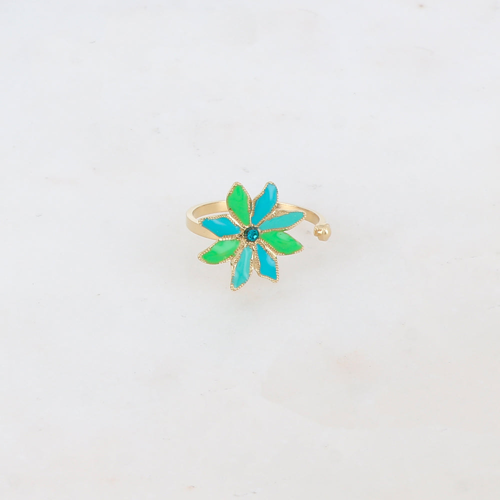 Bague ajustable avec fleur émaillée et strass - Turquoise