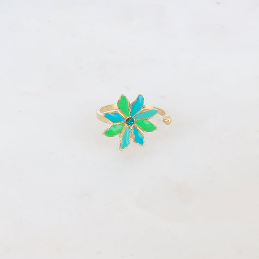 Bague ajustable avec fleur émaillée et strass - Turquoise