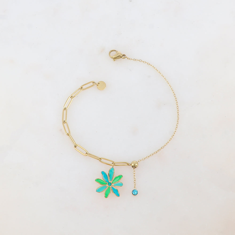 Bracelet avec maille, petite boule, fleur émaillée et strass