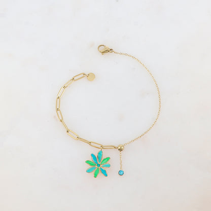 Bracelet avec maille, petite boule, fleur émaillée et strass
