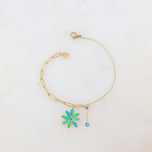 Bracelet avec maille, petite boule, fleur émaillée et strass