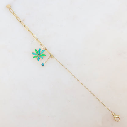 Bracelet avec maille, petite boule, fleur émaillée et strass