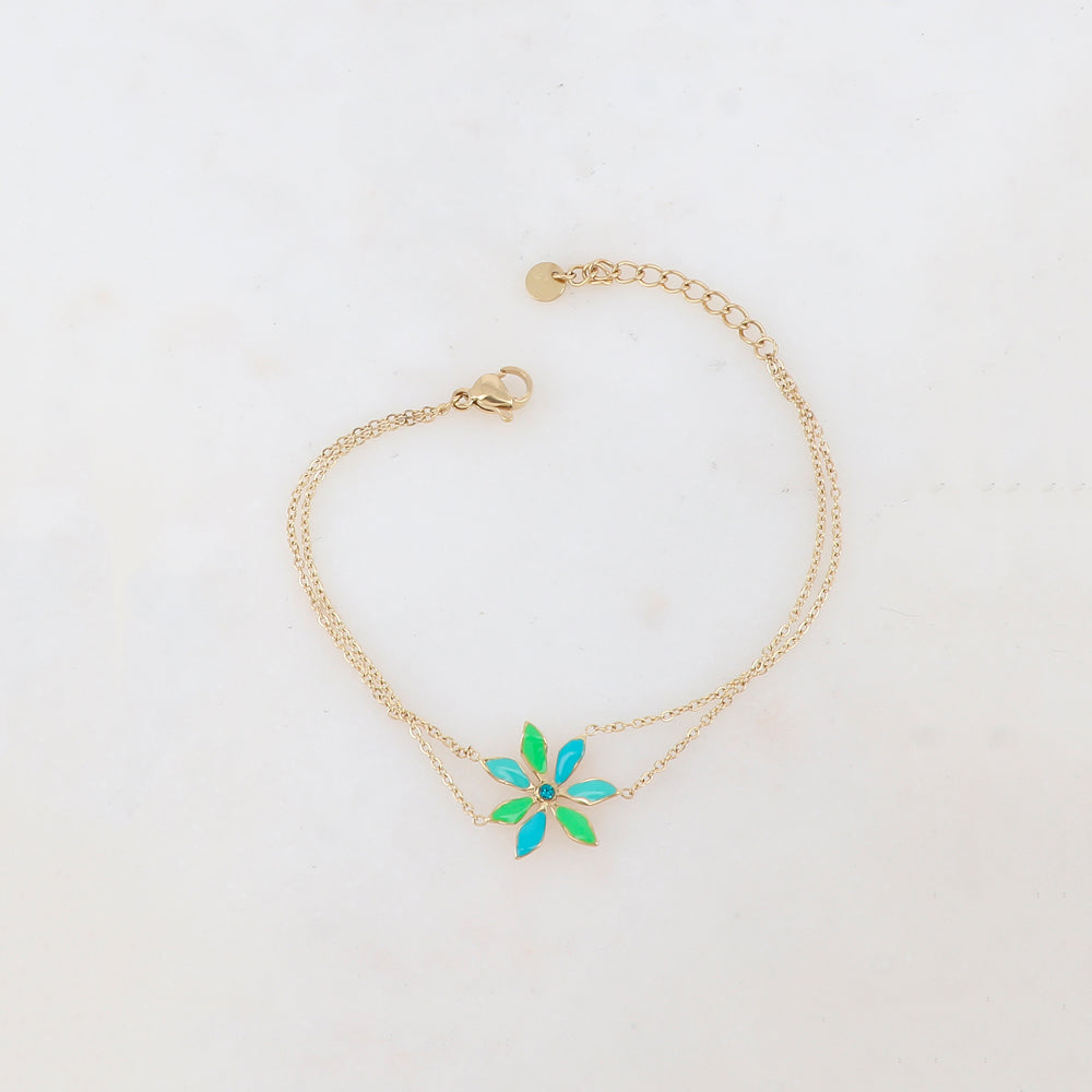 Bracelet deux rangs avec pendant fleur émaillée et strass