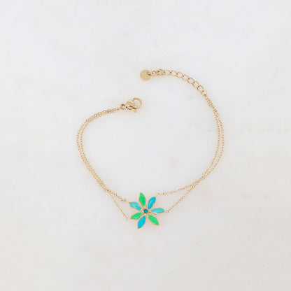 Bracelet deux rangs avec pendant fleur émaillée et strass
