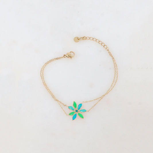 Bracelet deux rangs avec pendant fleur émaillée et strass