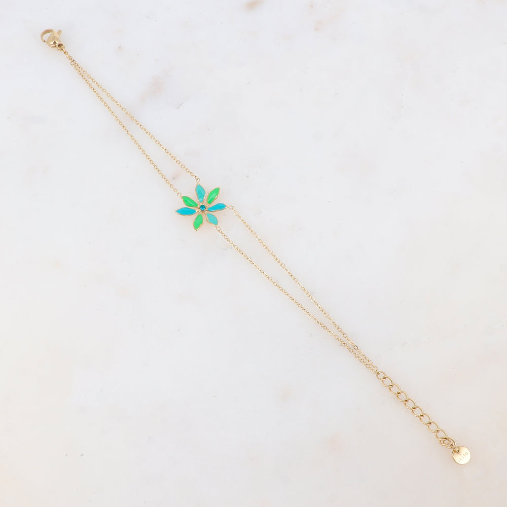 Bracelet deux rangs avec pendant fleur émaillée et strass