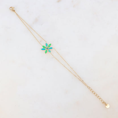 Bracelet deux rangs avec pendant fleur émaillée et strass