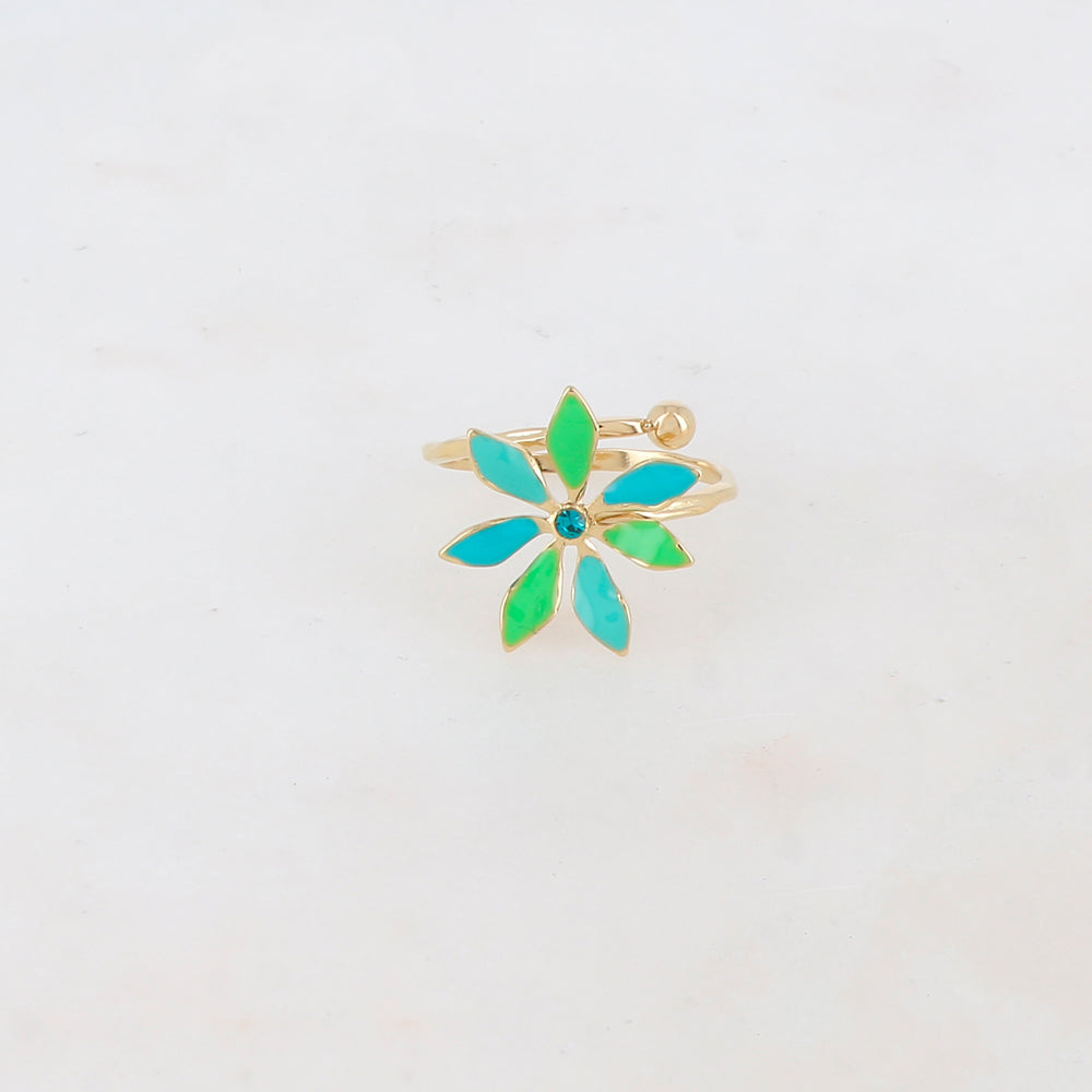 Bague fine avec fleur émaillée et strass - Turquoise