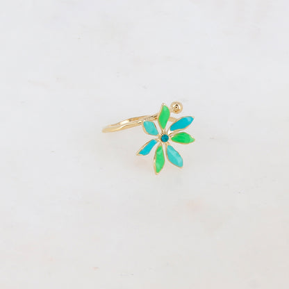 Bague fine avec fleur émaillée et strass - Turquoise