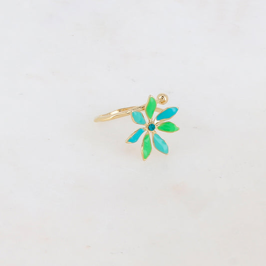Bague fine avec fleur émaillée et strass - Turquoise