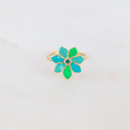 Bague ajustable avec fleur émaillée et strass - Turquoise