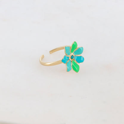 Bague ajustable avec fleur émaillée et strass - Turquoise