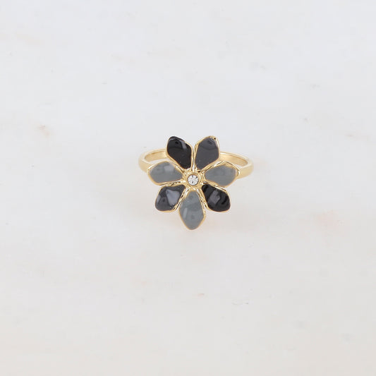 Bague ajustable avec fleur émaillée et strass - Noir