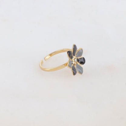 Bague ajustable avec fleur émaillée et strass - Noir