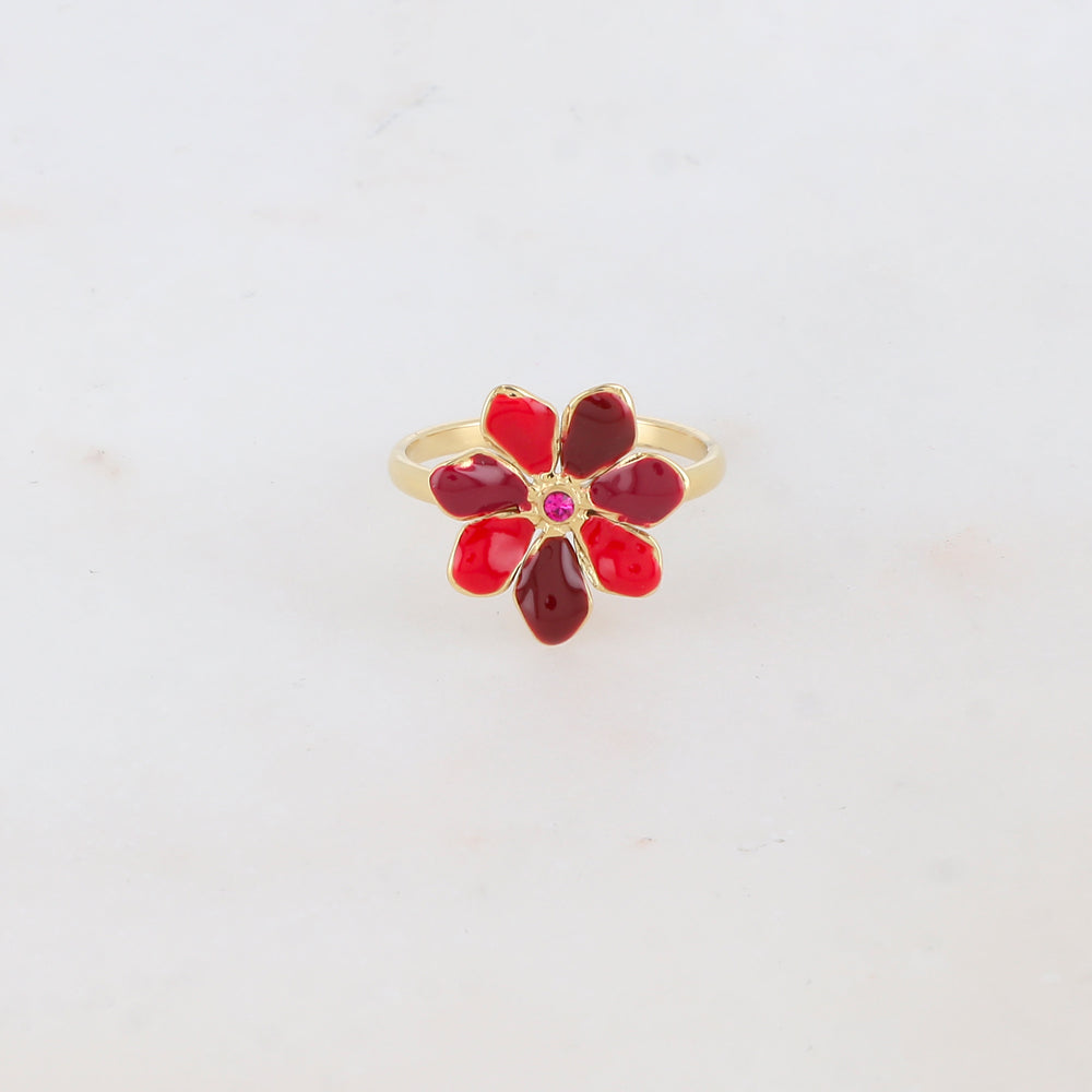 Bague ajustable avec fleur émaillée et strass - Rouge