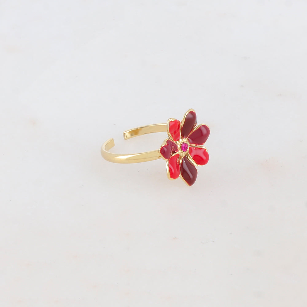 Bague ajustable avec fleur émaillée et strass - Rouge