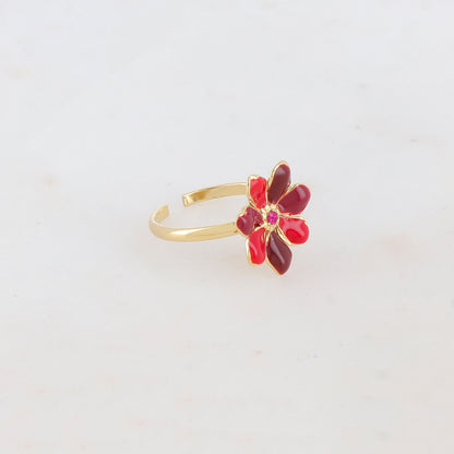 Bague ajustable avec fleur émaillée et strass - Rouge
