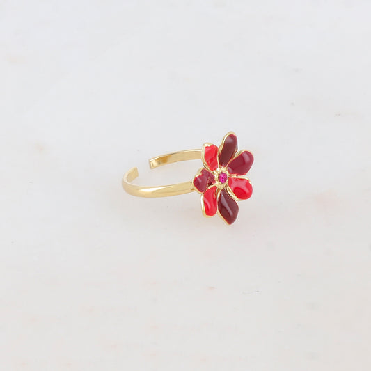 Bague ajustable avec fleur émaillée et strass - Rouge