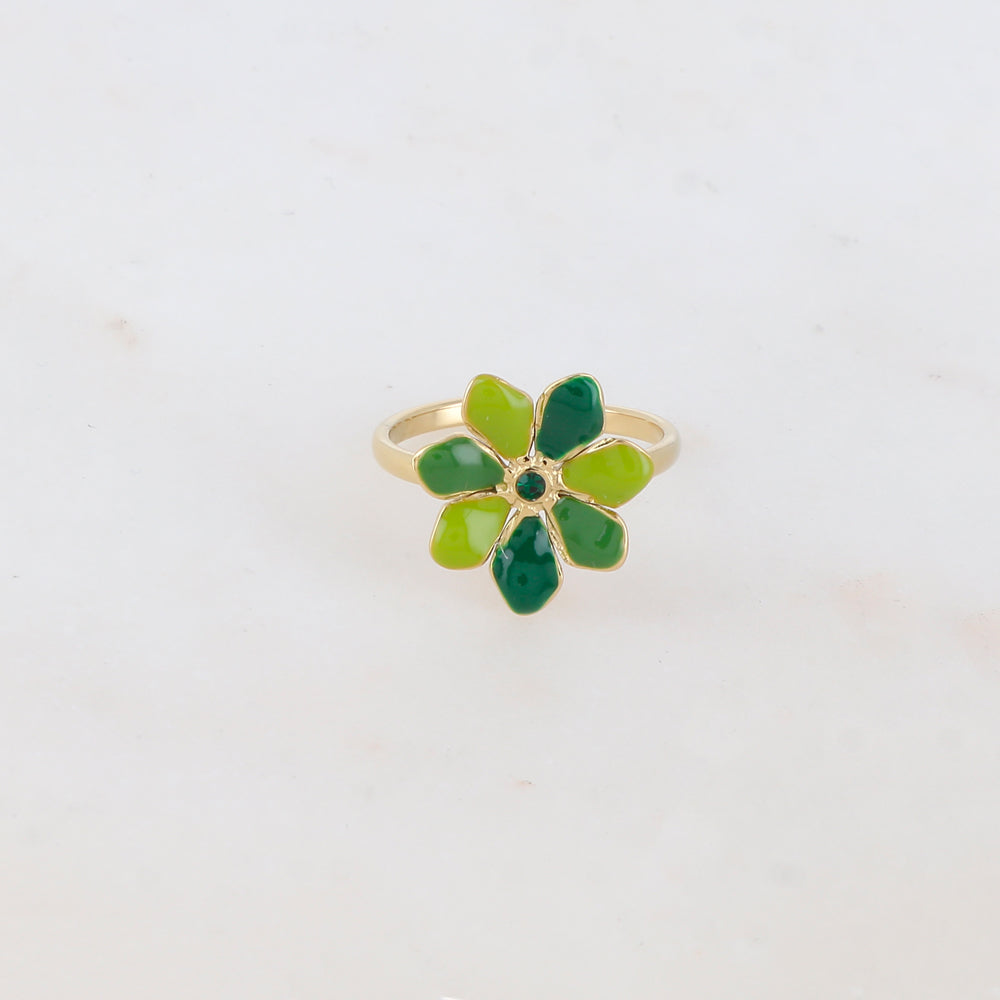 Bague ajustable avec fleur émaillée et strass - Vert