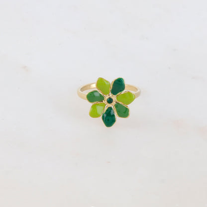 Bague ajustable avec fleur émaillée et strass - Vert