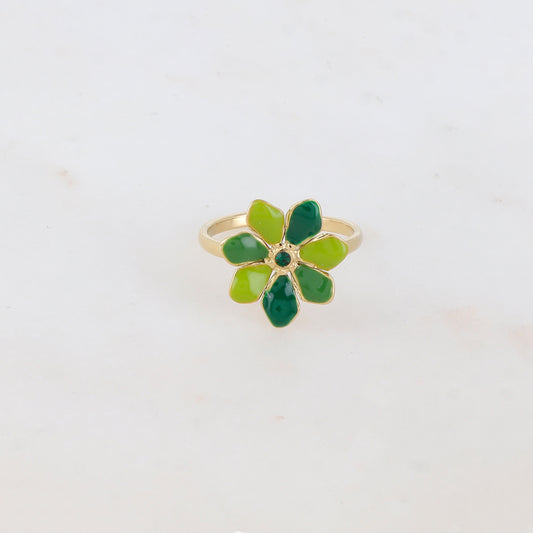 Bague ajustable avec fleur émaillée et strass - Vert