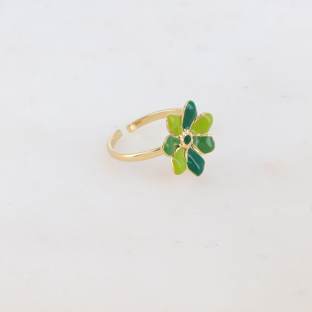 Bague ajustable avec fleur émaillée et strass - Vert