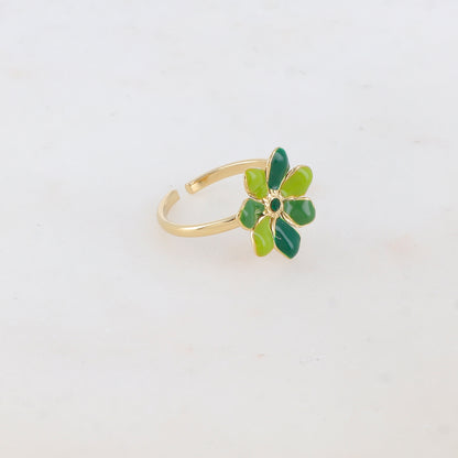 Bague ajustable avec fleur émaillée et strass - Vert