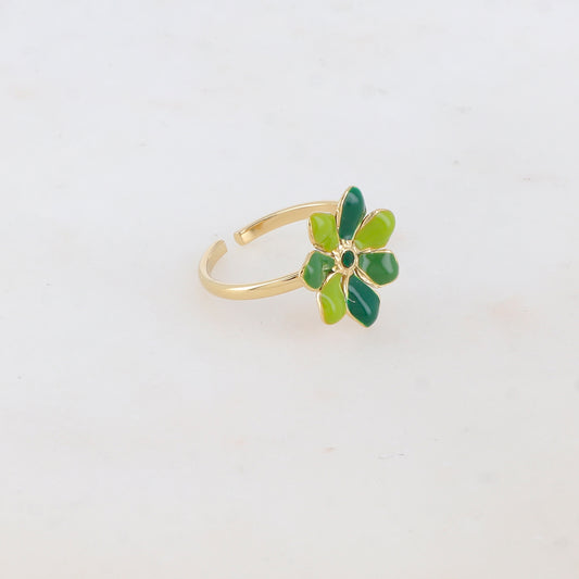 Bague ajustable avec fleur émaillée et strass - Vert