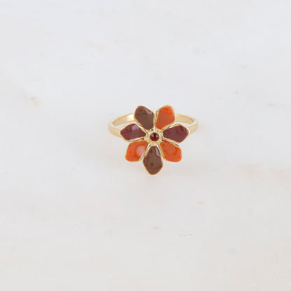 Bague ajustable avec fleur émaillée et strass - Marron