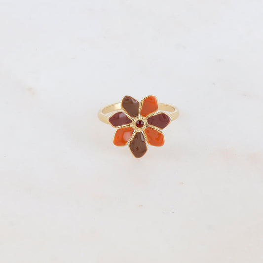 Bague ajustable avec fleur émaillée et strass - Marron