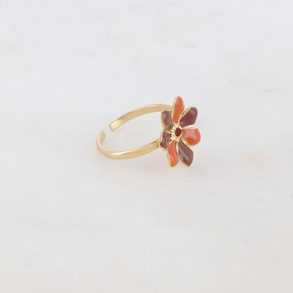 Bague ajustable avec fleur émaillée et strass - Marron