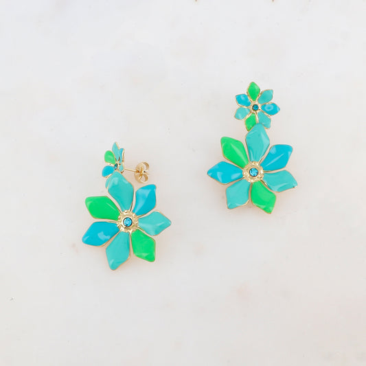B.O à puce avec 2 fleurs émaillées et 2 strass 2,8 x 4,5 cm.