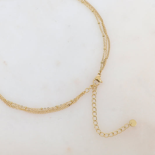 Collier trois rangs avec 2 pendentifs fleurs émaillées et strass (39/44/54+7CM)