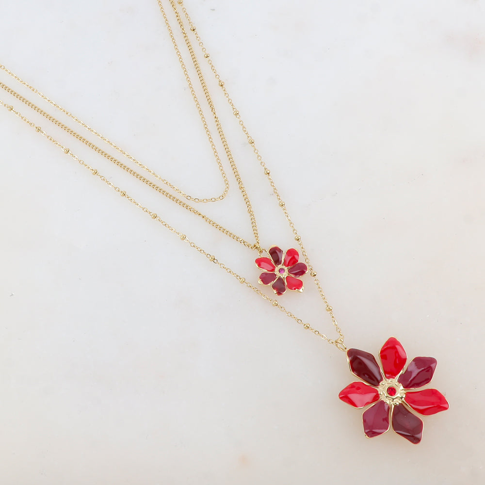 Collier trois rangs avec 2 pendentifs fleurs émaillées et strass (39/44/54+7CM)
