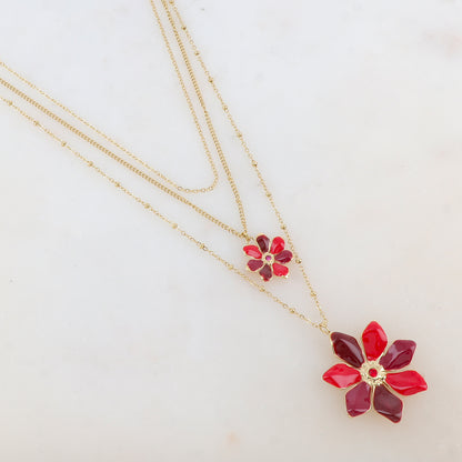 Collier trois rangs avec 2 pendentifs fleurs émaillées et strass (39/44/54+7CM)