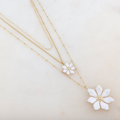Collier trois rangs avec 2 pendentifs fleurs émaillées et strass (39/44/54+7CM)