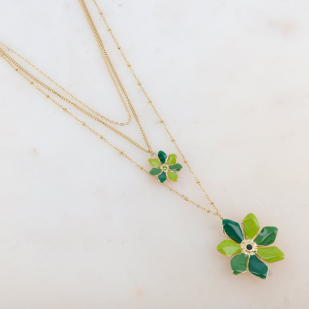Collier trois rangs avec 2 pendentifs fleurs émaillées et strass (39/44/54+7CM)