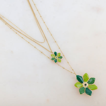 Collier trois rangs avec 2 pendentifs fleurs émaillées et strass (39/44/54+7CM)