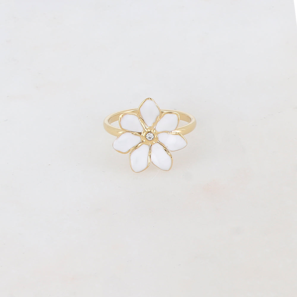 Bague ajustable avec fleur émaillée et strass - Blanc