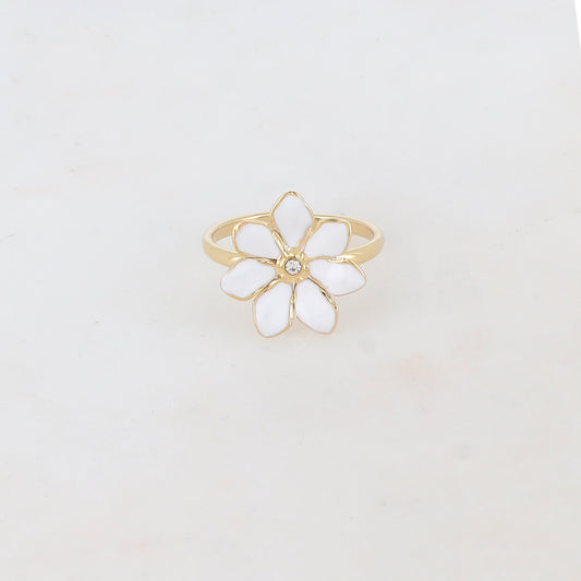 Bague ajustable avec fleur émaillée et strass - Blanc