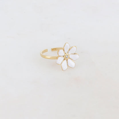 Bague ajustable avec fleur émaillée et strass - Blanc