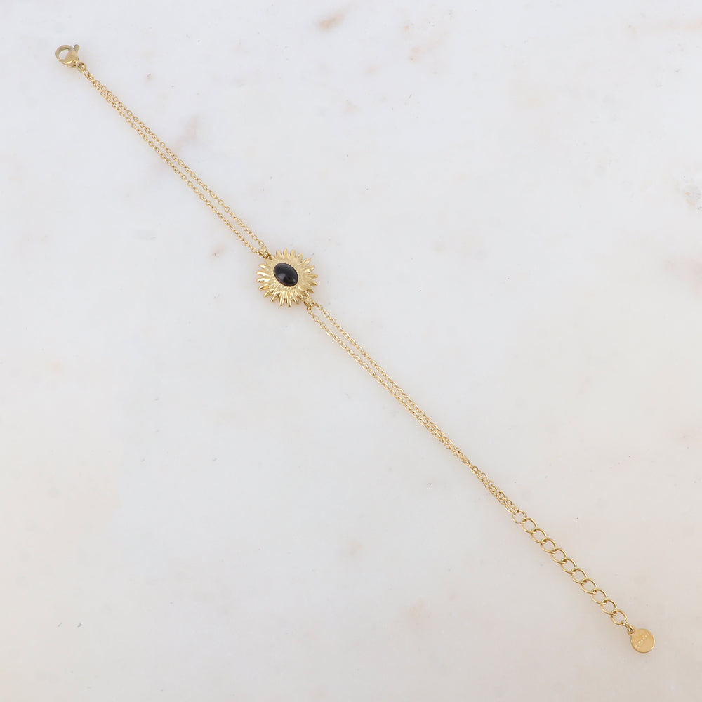 Bracelet 2 rangs avec pièce en forme de feuillage, pierre naturelle