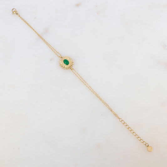 Bracelet 2 rangs avec pièce en forme de feuillage, pierre naturelle