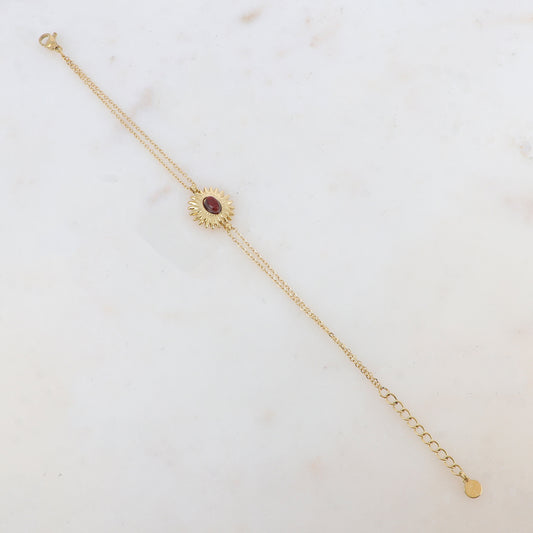 Bracelet 2 rangs avec pièce en forme de feuillage, pierre naturelle