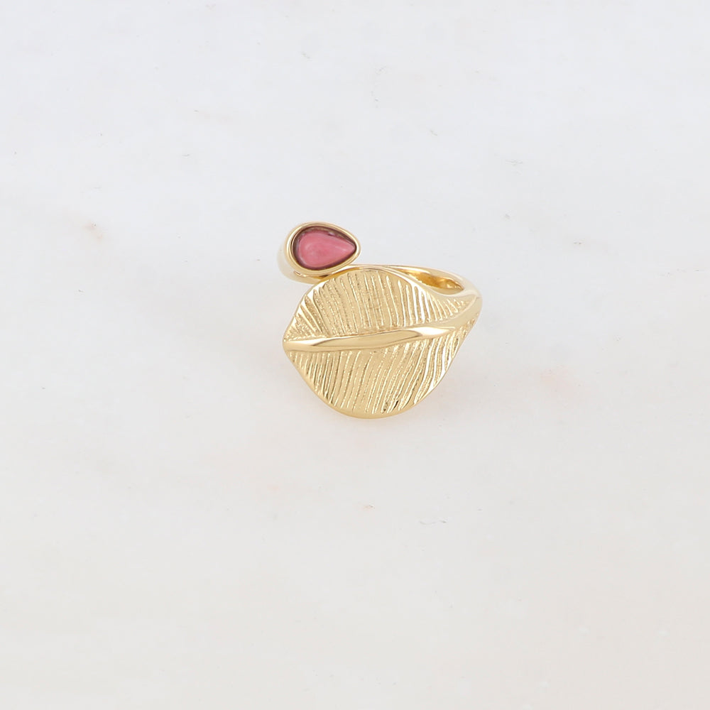 Bague fine avec feuille et pierre naturelle - Rhodonite