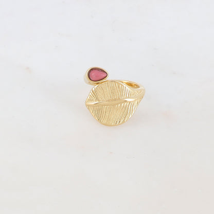 Bague fine avec feuille et pierre naturelle - Rhodonite